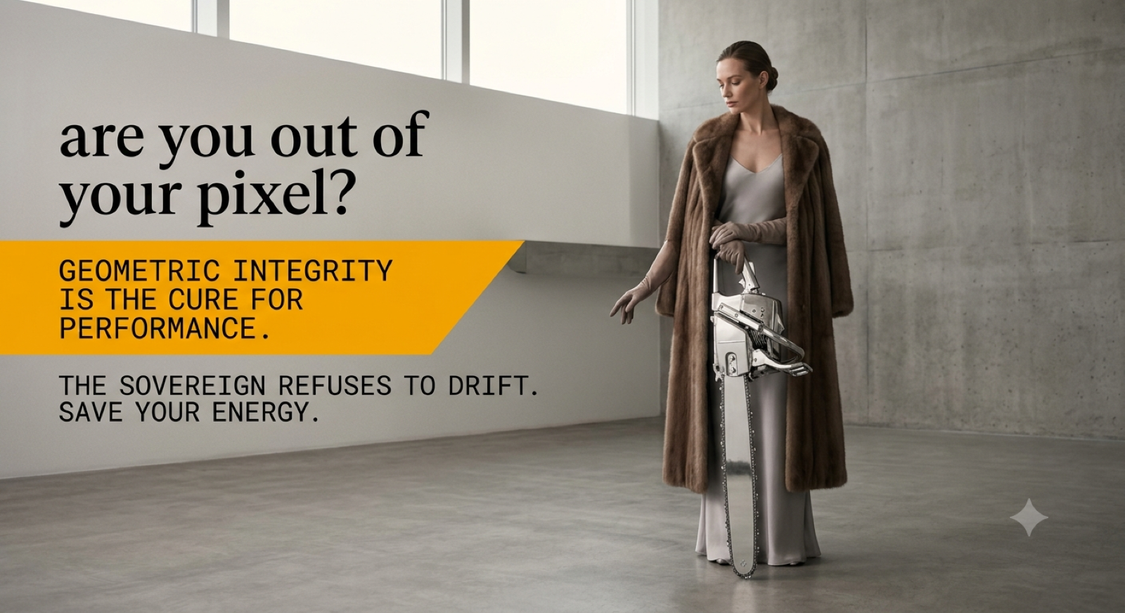 A woman in a fur coat in a bright concrete room, a chrome chainsaw held at her side — composed, surplus to spare.
