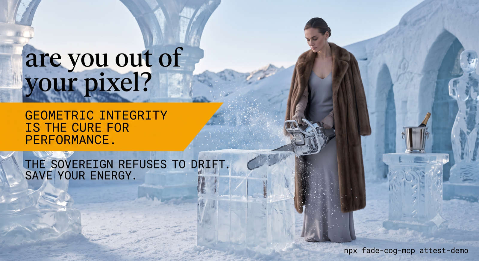 A woman in a fur coat working a chrome chainsaw through a block of ice, a bottle of champagne chilling on an ice pedestal beside her — the brutal task performed as jewelry.