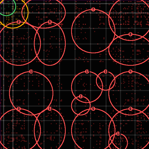 Encircled drift receipt for commit 094acfca0 — green in-lane rings, amber bleed, red drift