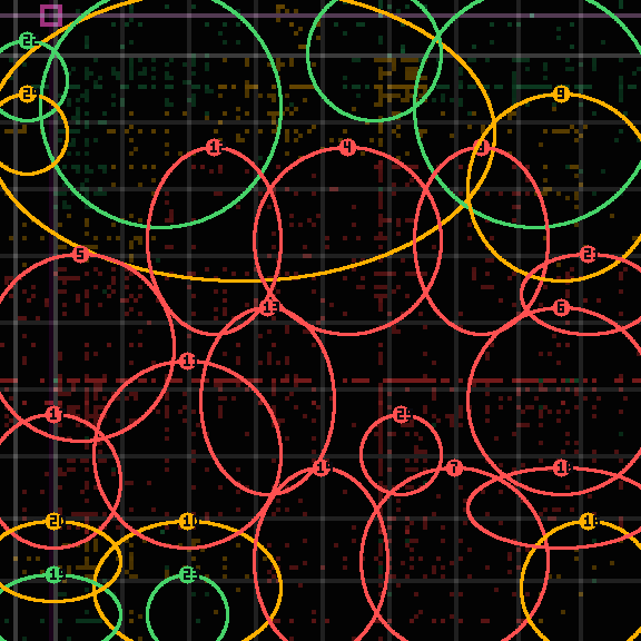 Encircled drift receipt for commit 2958d602f — green in-lane rings, amber bleed, red drift