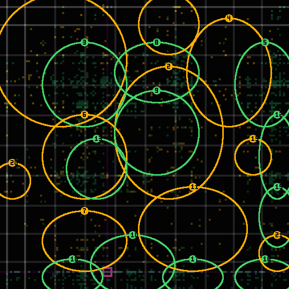 Encircled drift receipt for commit 30dbf6b21 — green in-lane rings, amber bleed, red drift