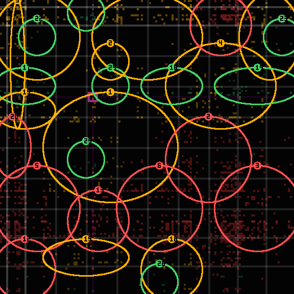 Encircled drift receipt for commit 57f3491a3 — green in-lane rings, amber bleed, red drift
