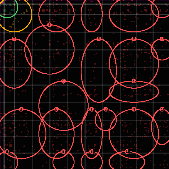 Encircled drift receipt for commit 89504a1d3 — green in-lane rings, amber bleed, red drift