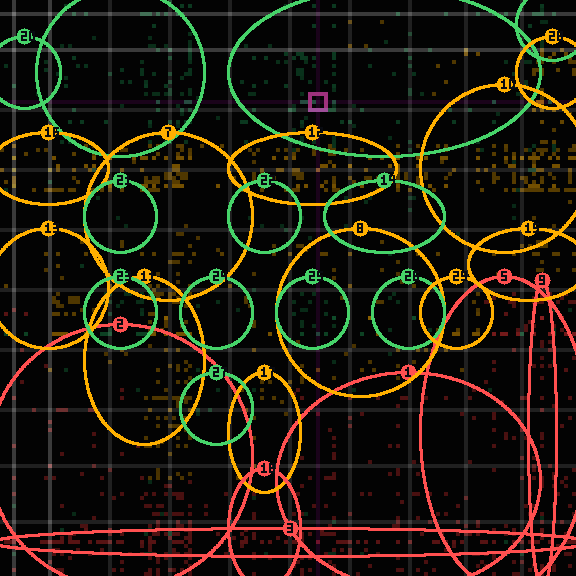 Encircled drift receipt for commit d97de5cdb — green in-lane rings, amber bleed, red drift