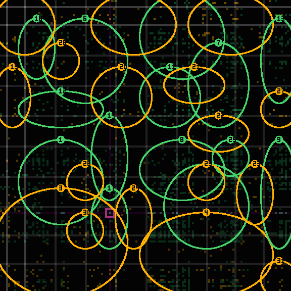 Encircled drift receipt for commit e90d6067a — green in-lane rings, amber bleed, red drift