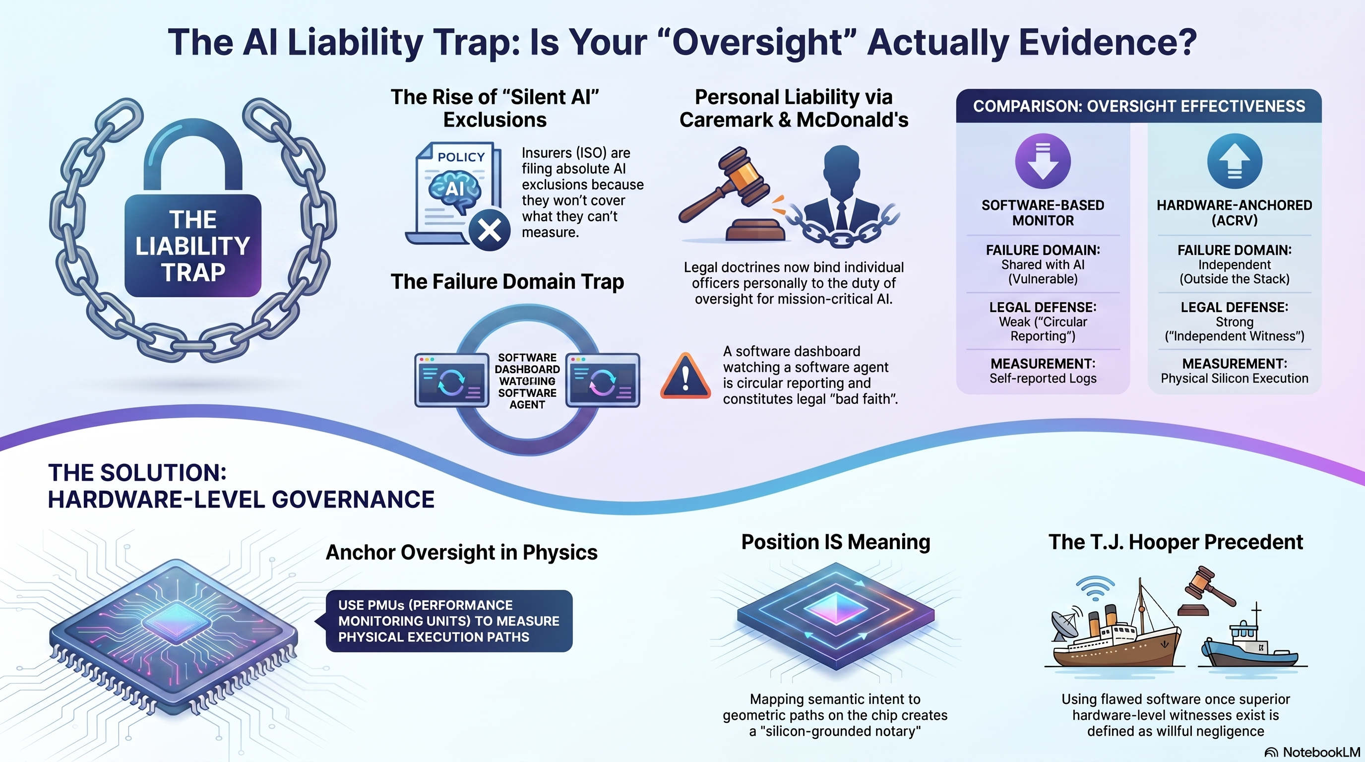 Infographic — The AI Liability Trap: Is Your Oversight Actually Evidence? The rise of 'Silent AI' exclusions: insurers (ISO) file absolute AI exclusions because they cannot cover what they cannot measure. The failure domain trap: a software dashboard watching a software agent is circular reporting and constitutes legal bad faith. Personal liability via Caremark and McDonald's: doctrines now bind individual officers personally to the duty of oversight for mission-critical AI. Comparison of oversight effectiveness — software-based monitor: failure domain shared with the AI (vulnerable), legal defense weak (circular reporting), measurement self-reported logs; hardware-anchored (ACRV): failure domain independent (below the stack), legal defense strong (independent witness), measurement physical silicon execution. The solution, hardware-level governance: anchor oversight in physics using PMUs to measure physical execution paths; position is meaning — mapping semantic intent to geometric paths on the chip creates a silicon-grounded notary; the T.J. Hooper precedent — using flawed software once superior hardware witnesses exist is willful negligence.