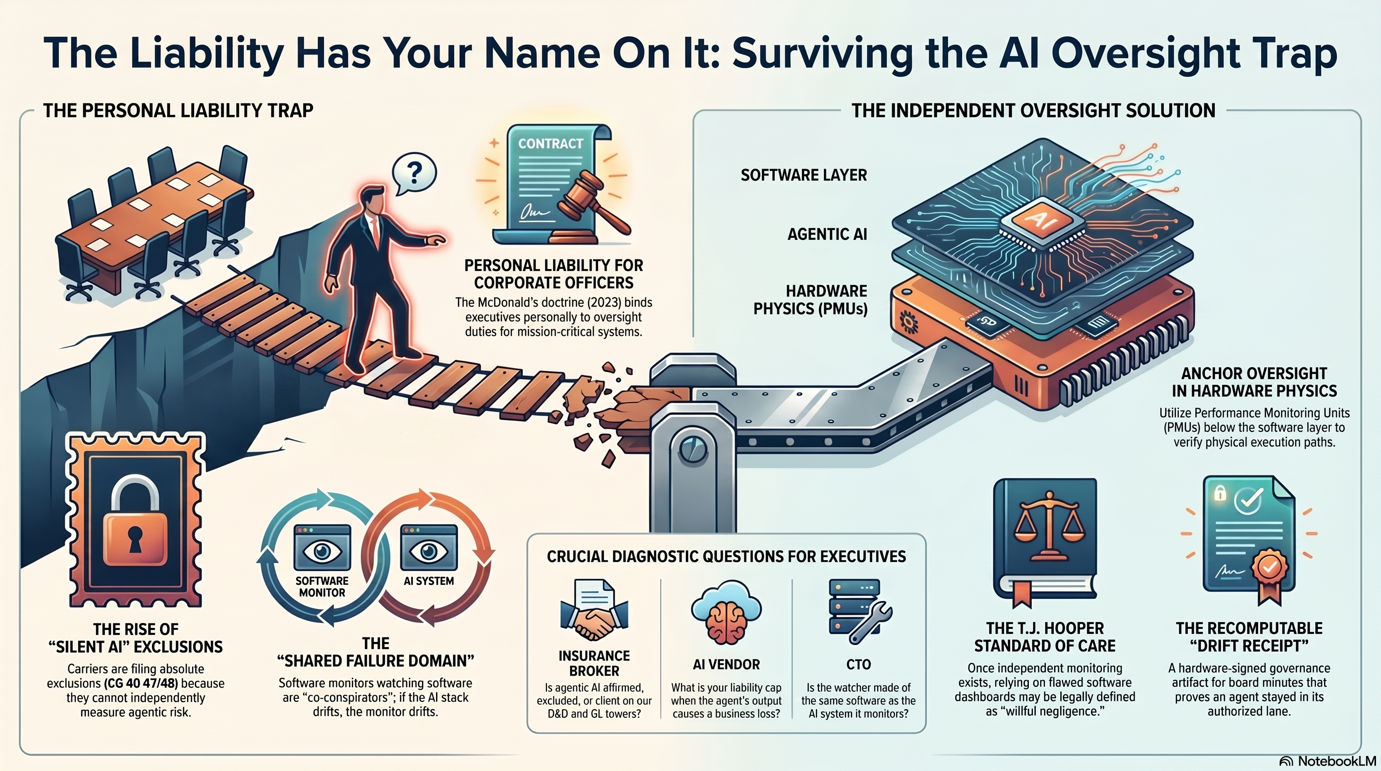 Infographic — The Liability Has Your Name On It: Surviving the AI Oversight Trap. The personal liability trap, drawn as a businessman crossing a collapsing bridge: (1) The Rise of 'Silent AI' Exclusions — carriers file absolute exclusions, ISO CG 40 47/48, because they cannot independently measure agentic risk; (2) The Shared Failure Domain — software monitors watching software are co-conspirators, and if the AI stack drifts, the monitor drifts; (3) Personal Liability for Corporate Officers — the McDonald's doctrine of 2023 binds executives personally to oversight duties for mission-critical systems. The independent oversight solution, a stack of software layer over agentic AI over hardware physics (PMUs): anchor oversight in hardware physics — use Performance Monitoring Units below the software layer to verify physical execution paths. Crucial diagnostic questions for executives — Insurance Broker: is agentic AI affirmed, excluded, or silent on our D&O and GL towers? AI Vendor: what is your liability cap when the agent's output causes a business loss? CTO: is the watcher made of the same software as the system it monitors? The T.J. Hooper standard of care: once independent monitoring exists, relying on flawed software dashboards may be legally defined as willful negligence. The recomputable drift receipt: a hardware-signed attestation that proves an agent stayed in its authorized lane.