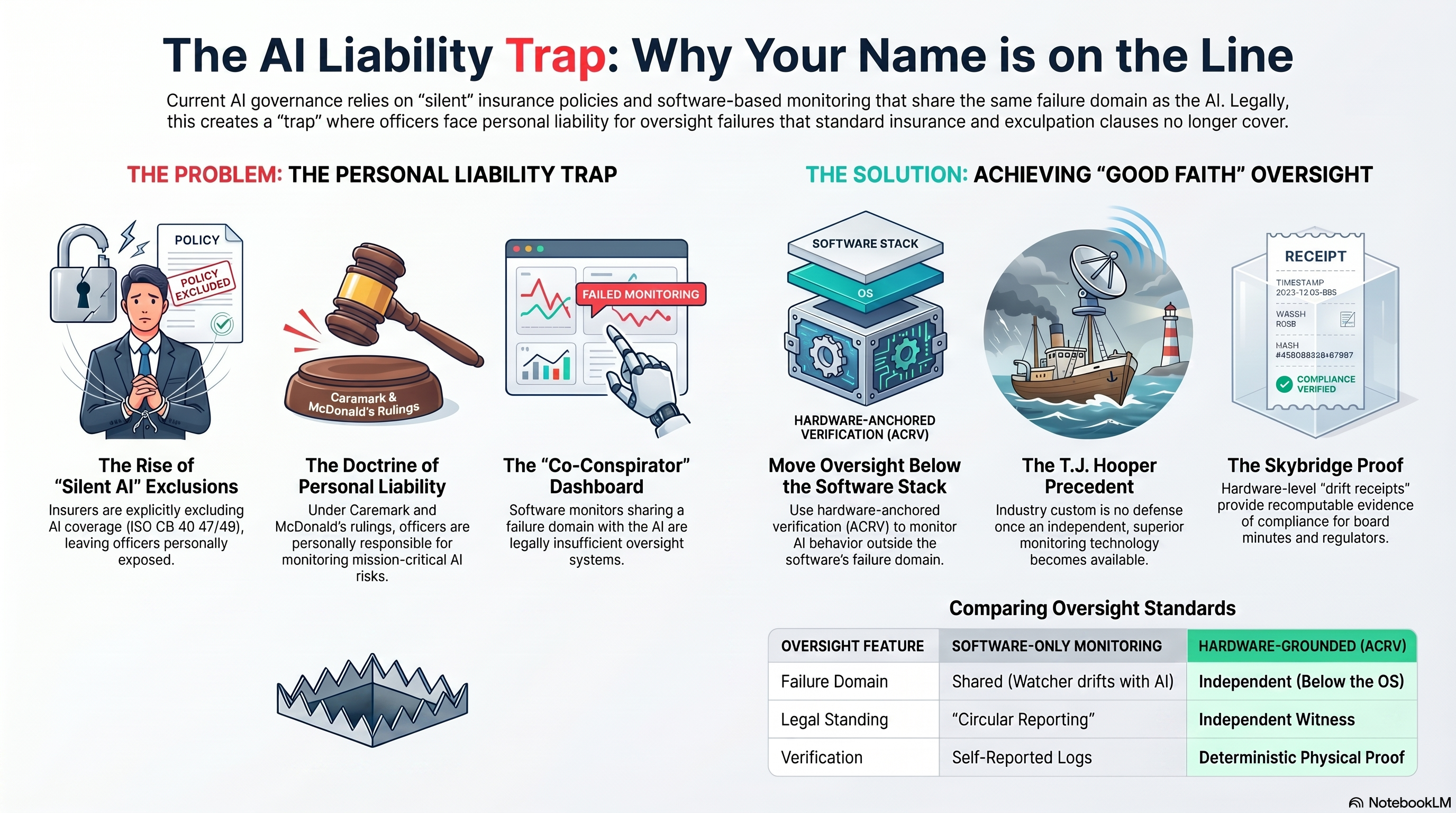 Infographic — The AI Liability Trap: Why Your Name is on the Line. The problem, the personal liability trap: (1) The Rise of 'Silent AI' Exclusions — insurers explicitly exclude AI coverage via ISO CG 40 47/48, leaving officers personally exposed; (2) The Doctrine of Personal Liability — under Caremark and McDonald's, officers are personally responsible for monitoring mission-critical AI; (3) The Co-Conspirator Dashboard — software monitors sharing a failure domain with the AI are legally insufficient oversight. The solution, achieving good-faith oversight: (1) Move Oversight Below the Software Stack — hardware-anchored verification (ACRV) monitors AI outside the software's failure domain; (2) The T.J. Hooper Precedent — industry custom is no defense once a superior independent monitor exists; (3) The Skybridge Proof — hardware-level drift receipts give recomputable evidence for board minutes and regulators. Comparison — failure domain: software is shared, the watcher drifts with the AI, hardware/ACRV is independent, below the OS; legal standing: software is circular reporting, hardware is an independent witness; verification: software is self-reported logs, hardware is deterministic physical execution.