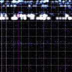 The ballistic definer walk run on a declaration: a 144-by-144 lattice, row then column then row, bright where the walk lands often, dark where it never reaches.